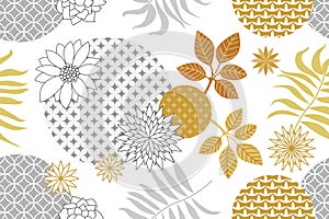Golden and silver floral pattern with Japanese motifs. Minimalism style.