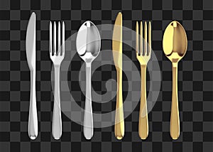 Golden and silver fork, knife and spoon. Realistic vector cutlery illustration.