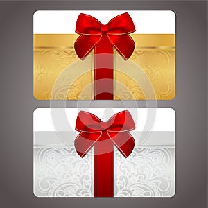 Golden and silver gift card with red bow (ribbons)