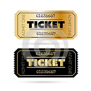 Golden and silver glittering stub ticket templates on white background.