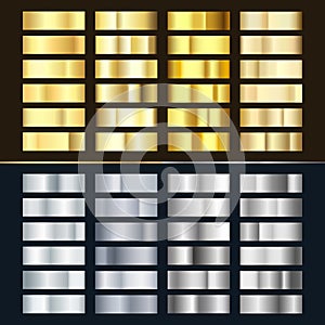 Golden and Silver gradient set. Various of shiny silvery and gold pattern. Realistic metalic foil. Vector illustration isolated