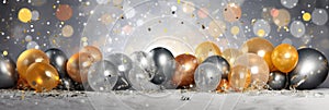 Golden and silver gray metallic balloons and confetti on floor on glistering background. Birthday, holiday or party background. photo