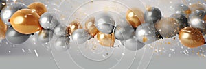 Golden and silver gray metallic balloons and confetti on glistering background. Birthday, holiday or party background. Empty space