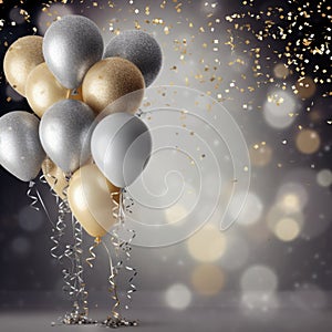 Golden and silver gray metallic glitter balloons and confetti on glistering background