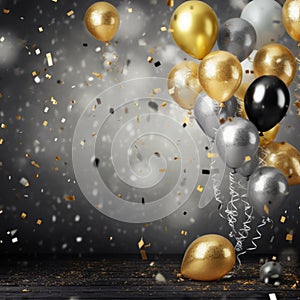 Golden and silver gray metallic glitter balloons and confetti on glistering background