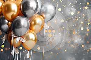 Golden and silver gray metallic glitter balloons and confetti on glistering background. Birthday, holiday or party background.