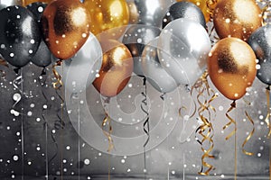 Golden and silver gray metallic glitter balloons and confetti on glistering background. Birthday, holiday or party background.