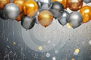 Golden and silver gray metallic glitter balloons and confetti on glistering background. Birthday, holiday or party background.