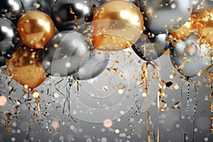 Golden and silver gray metallic glitter balloons and confetti on glistering background. Birthday, holiday or party background. photo