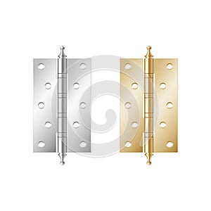 Golden and silver hinges for doors. Metal ironware with hole for fixing window or furniture photo