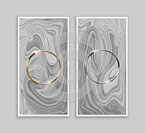 Golden and silver ring frames on gray marble or liquid background. Vector design elements.