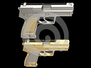 Golden and silver shiny modern hand guns - top down view