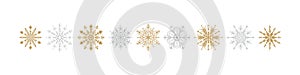 Golden and silver snowflakes. Merry Christmas and happy new year greeting card design element. Vector illustration isolated on