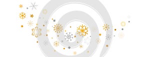 Golden and silver snowflakes wave with different ornament. Snowflake and star falling on white background. Luxury