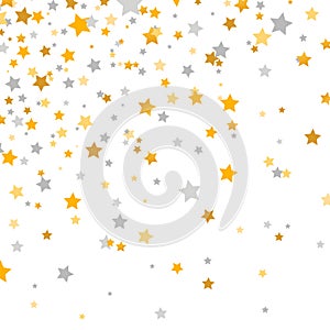 Golden and silver stars falling on white background. Glitter elegant design elements. Gold shooting stars. Magic