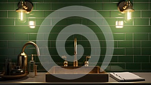 A golden sink with a tall golden faucet in a classic luxury bathroom, green tile walls, old-fashioned sconces, a towel