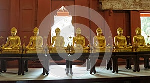 Golden sitting Buddha sculpture line in the pavillion