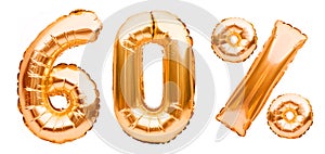 Golden sixty percent sign made of inflatable balloons isolated on white. Helium balloons, gold foil numbers. Sale