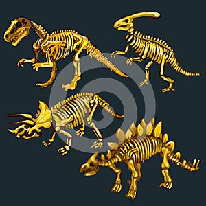 Golden skeletons of four different dinosaurs