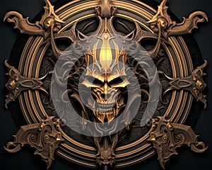 a golden skull with horns on a black background