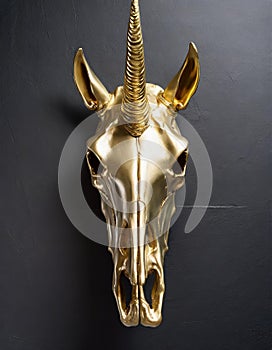 Golden skull of a unicorn hanging on a black wall