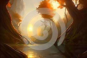 Golden Sky Fantasy Frontier.Generative AI