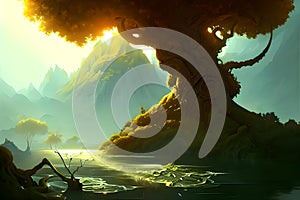 Golden Sky Fantasy Frontier.Generative AI