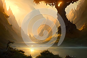 Golden Sky Fantasy Frontier.Generative AI