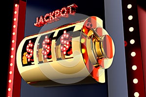 Golden slot machine with American Dollar Symbol Big win concept. Casino jackpot. 3D illustration