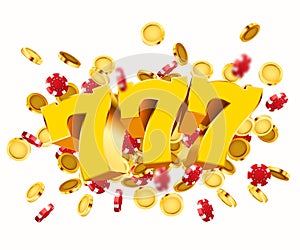 Golden slot machine 777 with flying golden coins and chips wins the jackpot. Big win concept.