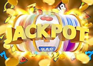 Golden slot machine with flying golden coins wins the jackpot. Big win concept.