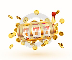 Golden slot machine with flying golden coins wins the jackpot. Big win concept.