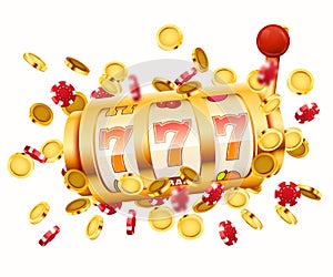 Golden slot machine with flying golden coins wins the jackpot. Big win concept.