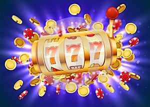 Golden slot machine with flying golden coins wins the jackpot. Big win concept.