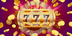 Golden slot machine with flying golden coins wins the jackpot. Big win concept.