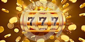 Golden slot machine with flying golden coins wins the jackpot. Big win concept.