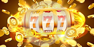 Golden slot machine with flying golden coins wins the jackpot. Big win concept.