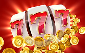 Golden slot machine with flying golden coins wins the jackpot. Big win concept.