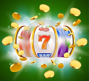 Golden slot machine with flying golden coins wins the jackpot. Big win concept