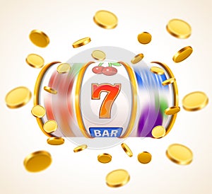 Golden slot machine with flying golden coins wins the jackpot. Big win concept.