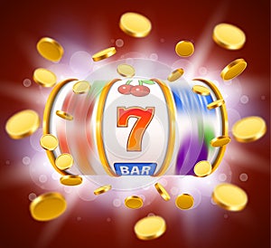 Golden slot machine with flying golden coins wins the jackpot. Big win concept.