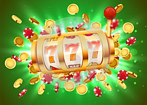 Golden slot machine with flying golden coins wins the jackpot. Big win concept.