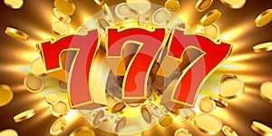 Golden slot machine 777 with flying golden coins wins the jackpot. Big win concept.