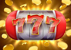 Golden slot machine with flying golden coins wins the jackpot. Big win concept.