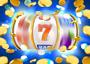 Golden slot machine with flying golden coins wins the jackpot. Big win concept.