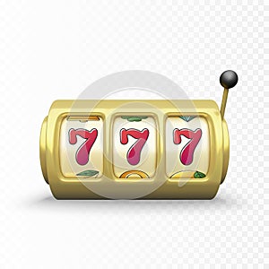 Golden slot machine realistic render. 777 big win or jackpot casino win. Vector