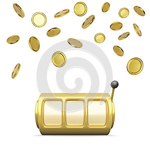 Golden slot machine realistic render. Big win on jackpot casino win. Slot machine wheels and coins rain on background. Vector