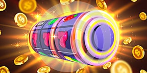 Golden slot machine wins the jackpot. 777 Big win concept. Casino jackpot.