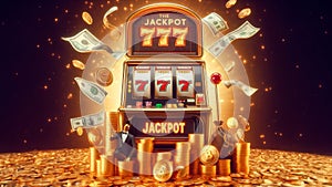 Golden slot machine wins the jackpot. Casino jackpot. 777. Big win concept. Close up. Generated AI