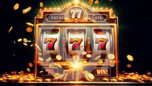 Golden slot machine wins the jackpot. Casino jackpot. 777. Big win concept. Close up. Generated AI
